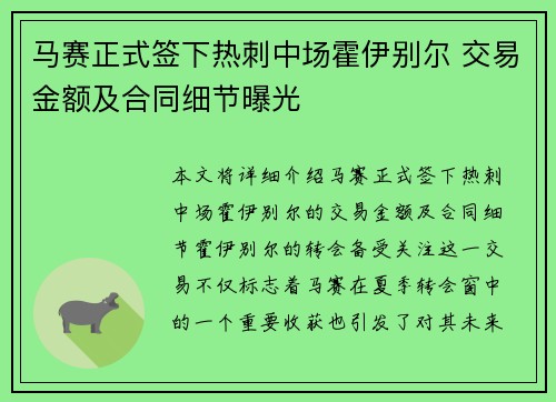 马赛正式签下热刺中场霍伊别尔 交易金额及合同细节曝光